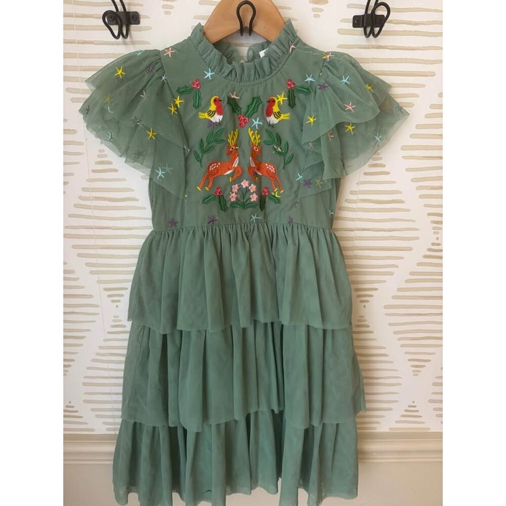 Embroidered Ruffle Tiered Kids Dress - Sage Green